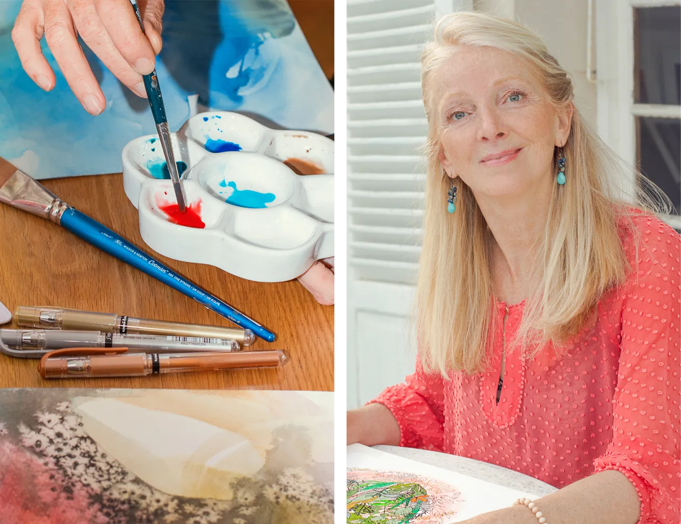 Maria José Martinez dans son atelier, entre préparation des couleurs et portrait souriant.