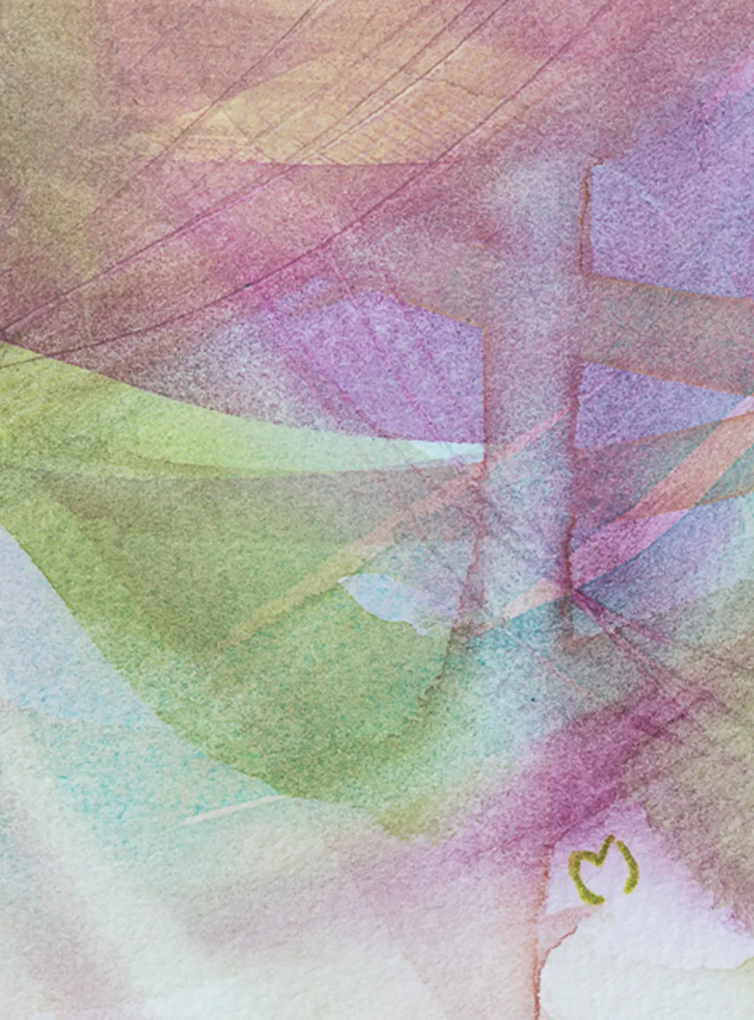 Détail d'une aquarelle originale aux teintes rose et vert signée MJ.