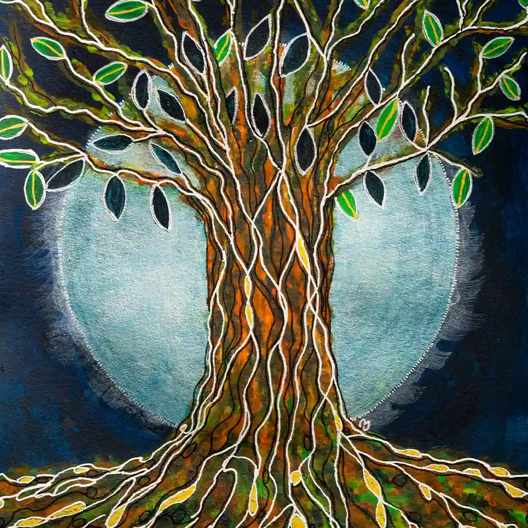 Œuvre originale représentant un arbre sous une pleine lune aux lignes évoquant l'énergie du vivant.