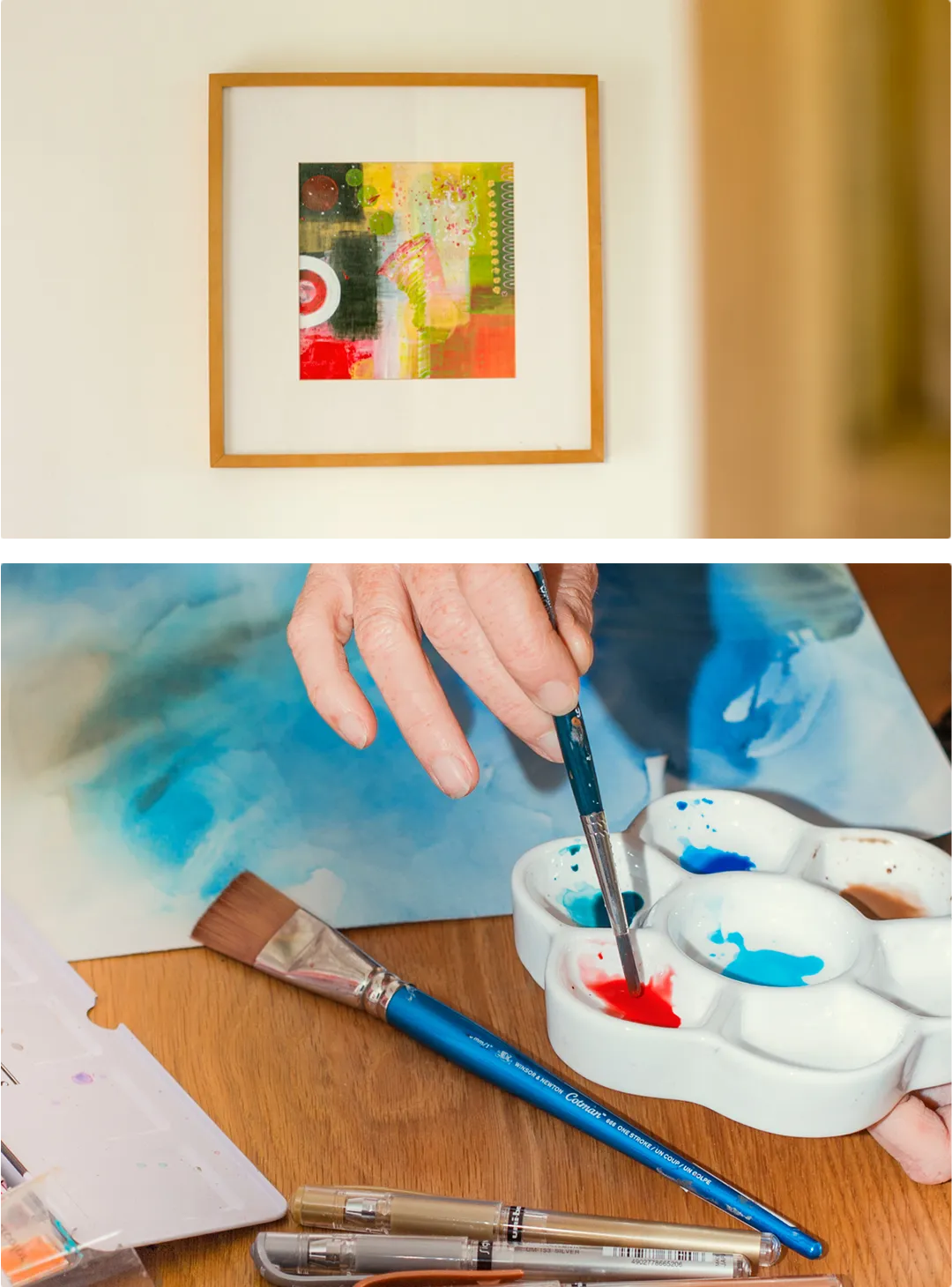 Œuvre abstraite sur mesure et détail de la préparation des couleurs dans l'atelier de Maria José Martinez.