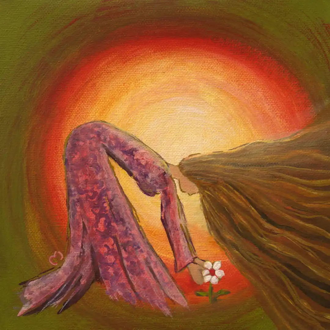 Œuvre originale représentant une femme se penchant pour déposer une fleur blanche dans une lumière chaleureuse.