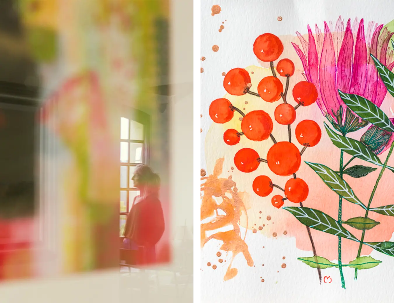 Reflet de Maria José Martinez observant une œuvre originale, à côté d'un détail d'aquarelle illustrant son univers artistique.