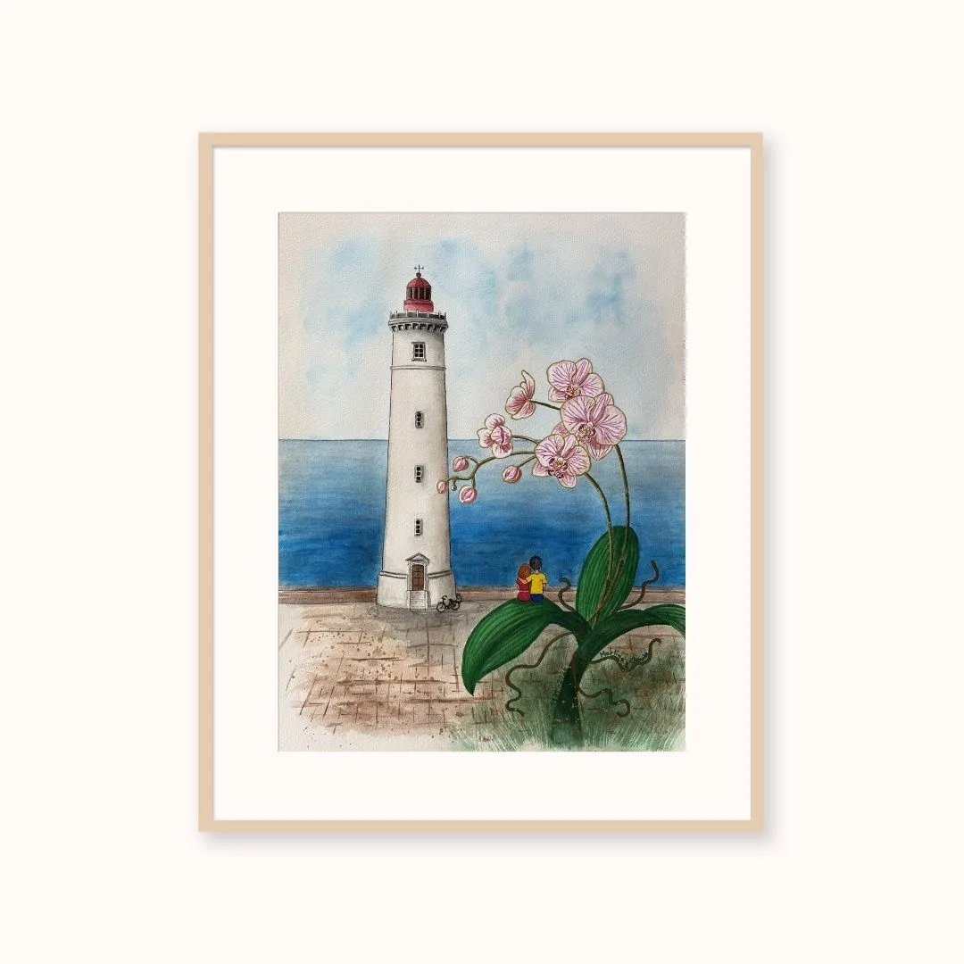 Tableau personnalisé représentant un couple enlacé devant un phare pour célébrer des noces d'orchidées.
